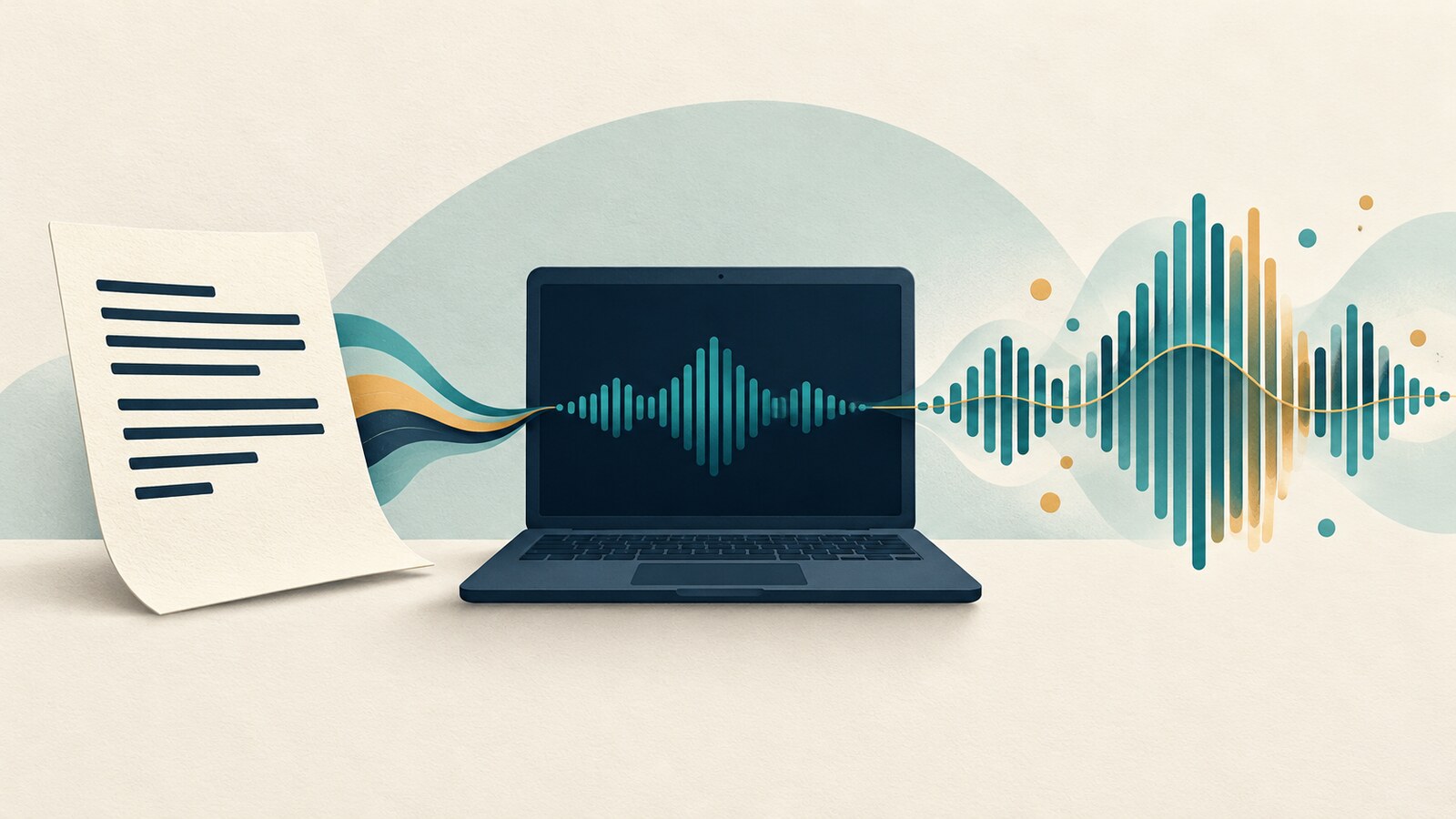 Written text transformed into an audio waveform on a laptop.