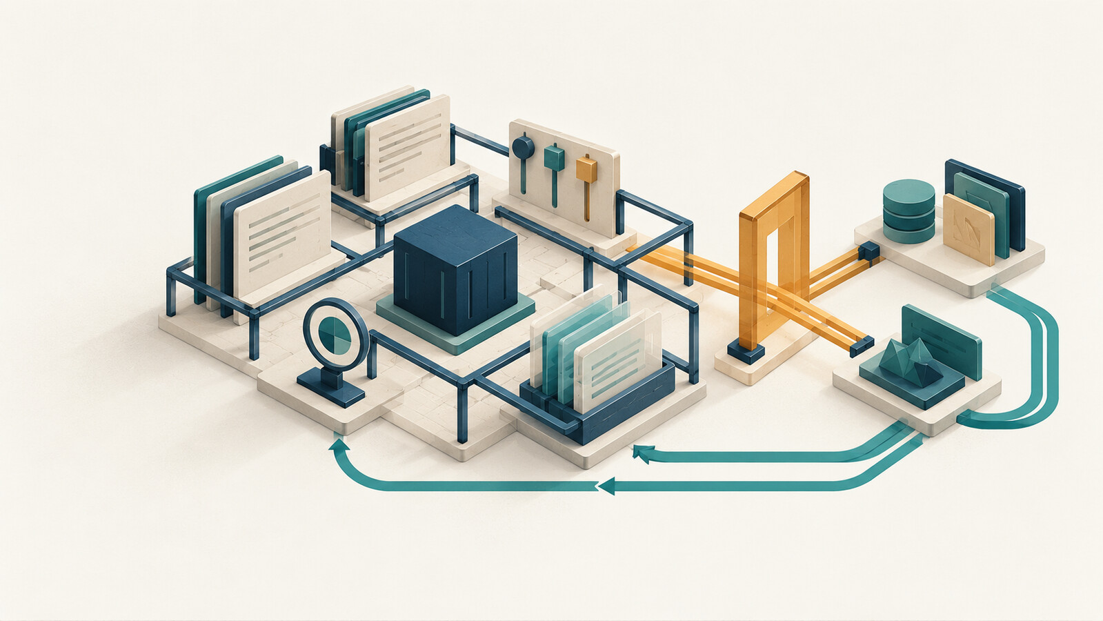 An illuminated teal core held inside a layered architectural workbench, a conceptual illustration of a model surrounded by its harness.