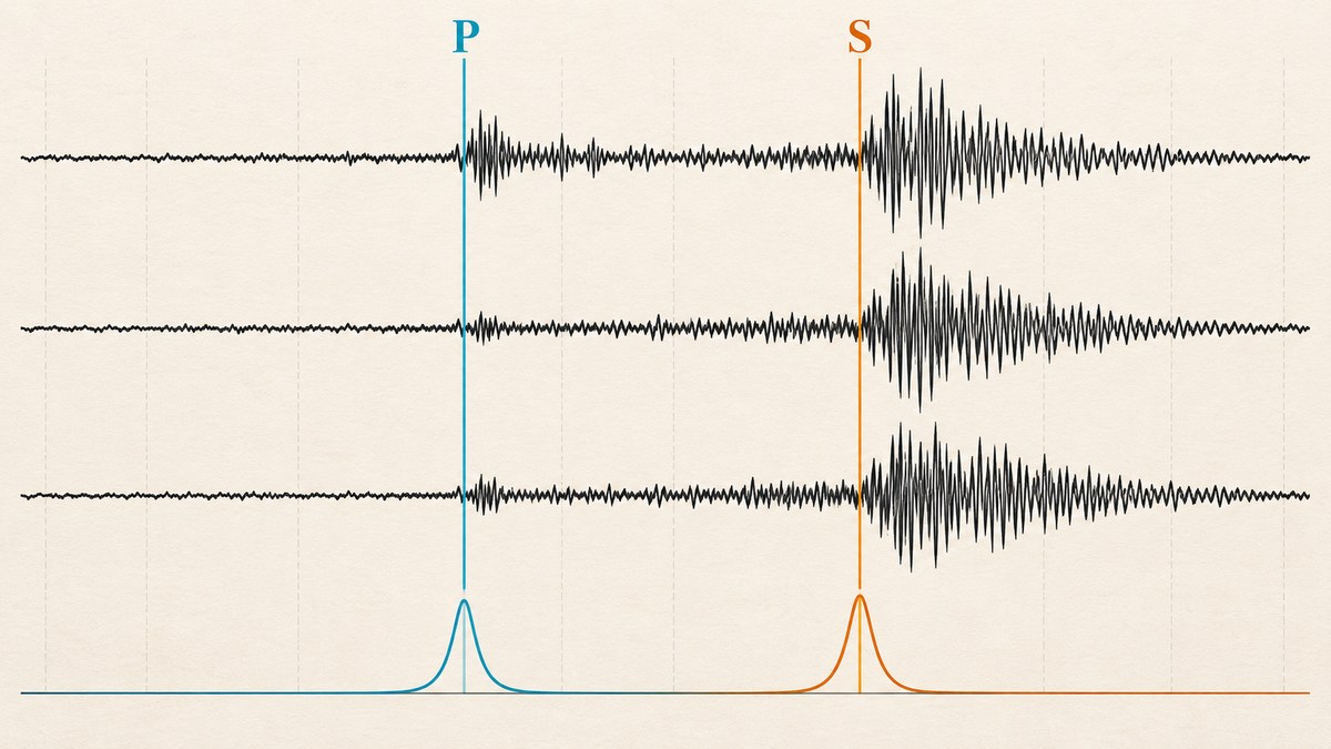 Three seismic components show an earlier P-wave arrival and a later stronger S-wave arrival aligned with probability peaks.