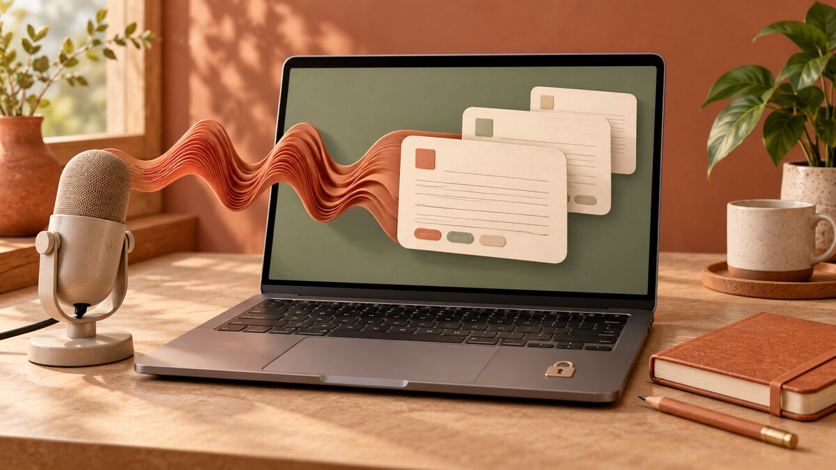 A microphone's voice waveform becomes private journal entries on a local laptop.