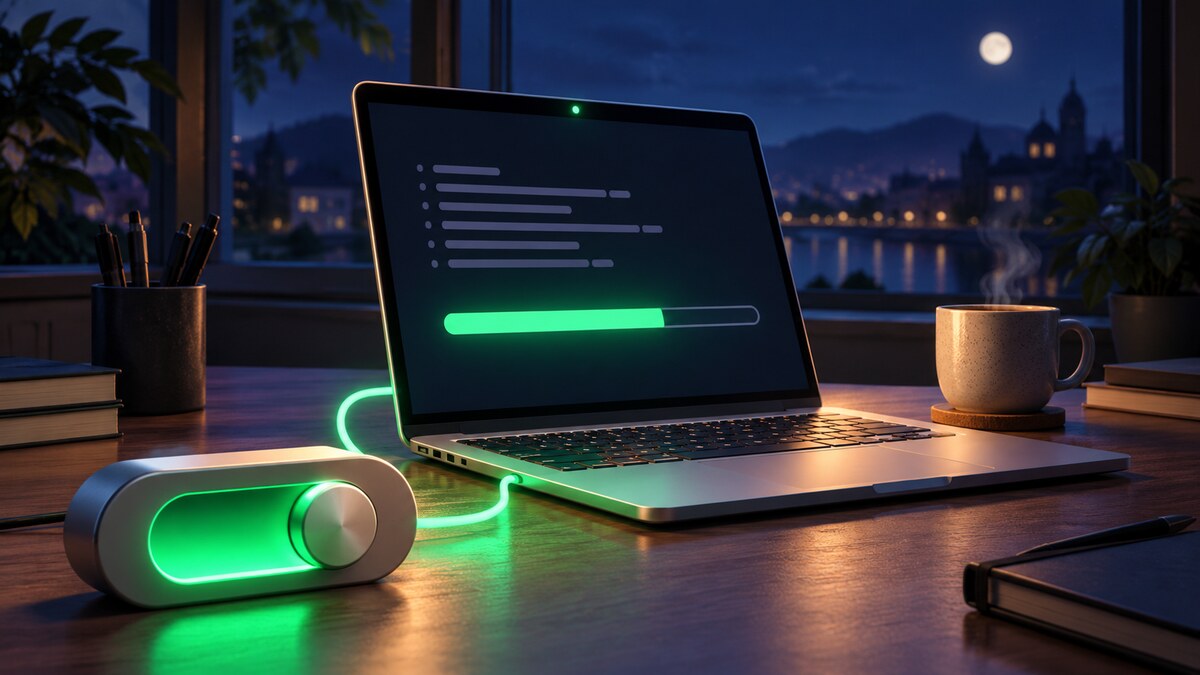 An illuminated green toggle keeps a laptop's long-running job active through the night.