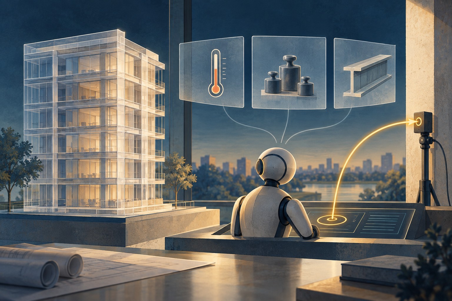 Conceptual illustration of an AI research agent choosing a sensor observation while considering three possible explanations for a building’s changed vibration, represented by a thermometer, weights, and a structural beam.