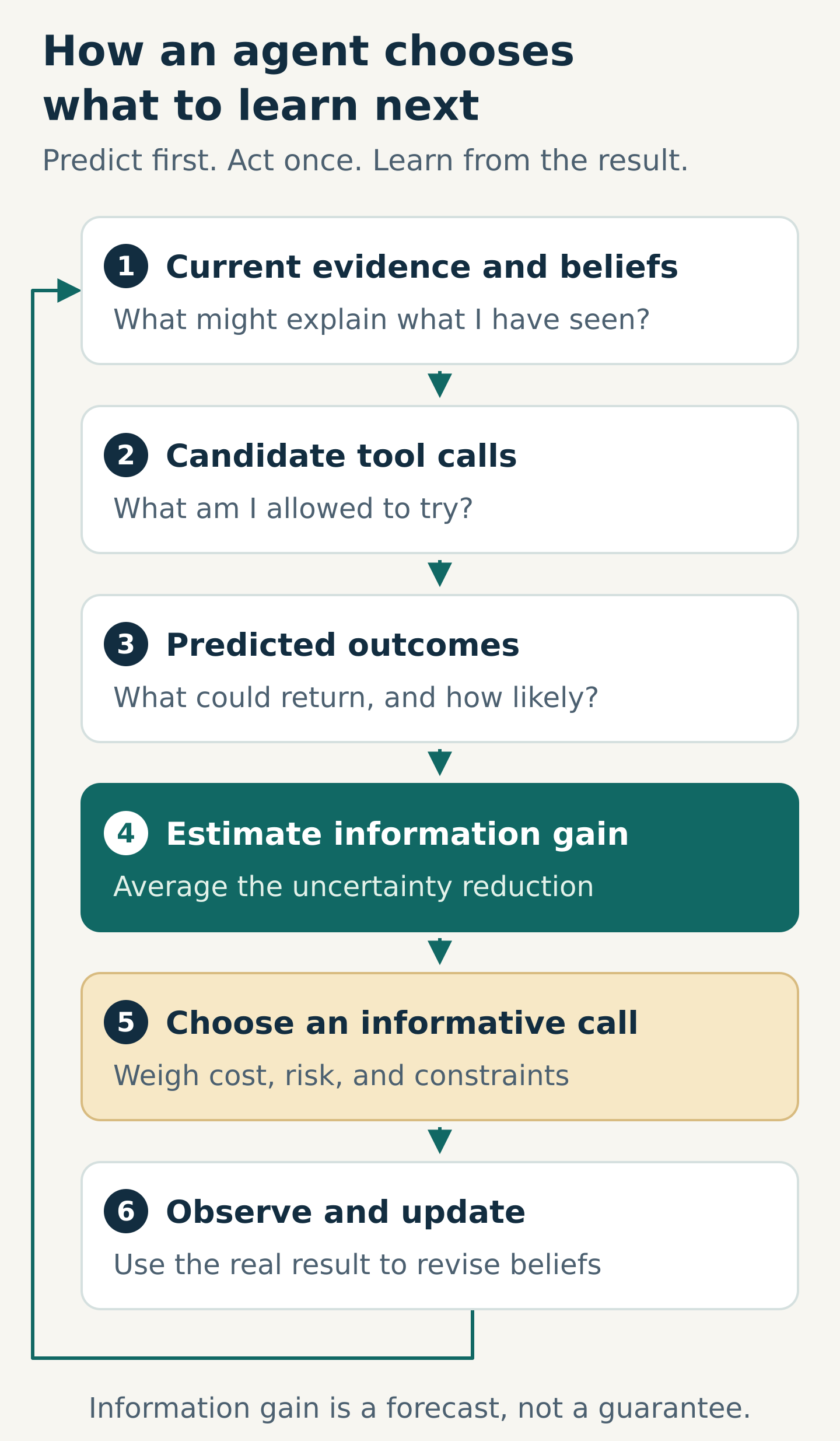 An expected-information-gain planning loop with six steps. Start with current evidence and beliefs. List permitted candidate tool calls. Predict each call’s possible outcomes. Estimate information gain by averaging the uncertainty reduction over those outcomes. Choose an informative call while accounting for cost, risk, and constraints. Observe the real result and update beliefs, then return to the start. Expected information gain is a prediction made before acting, not a guarantee of what one observation will reveal.