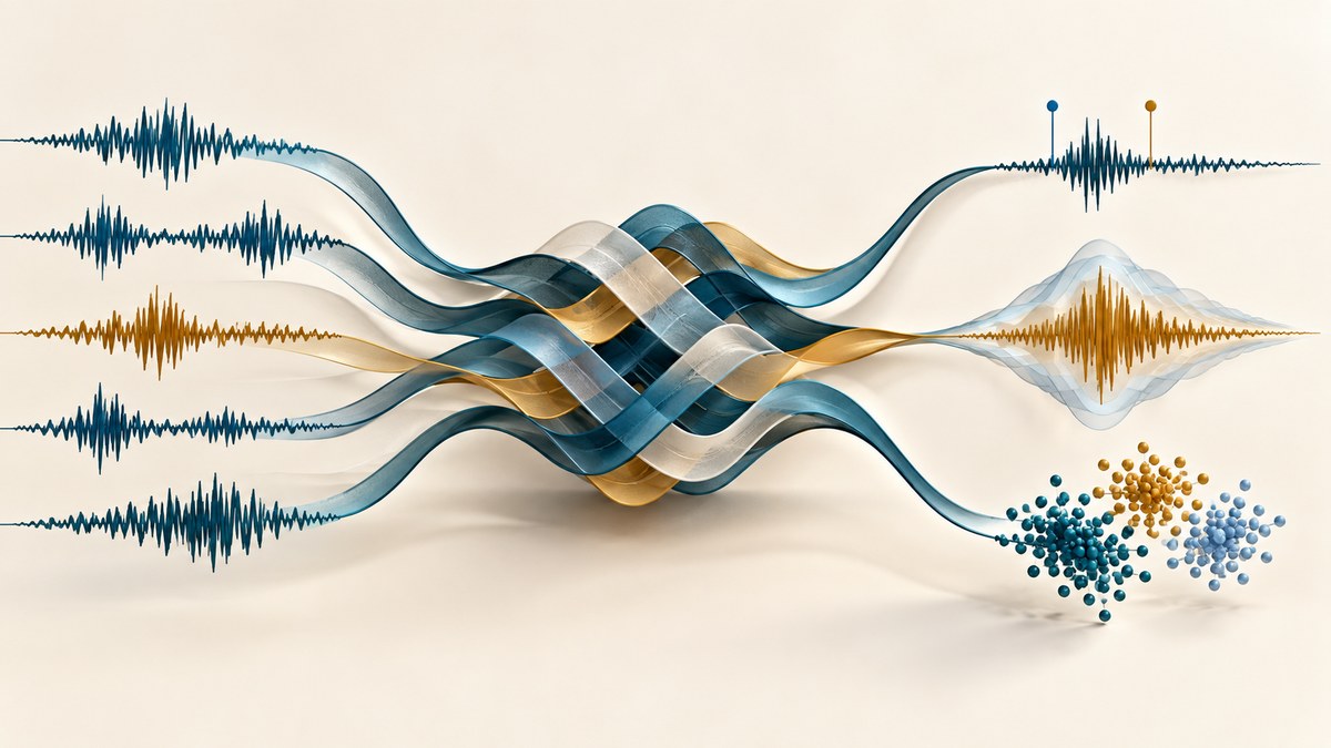 Seismic waveform ribbons converge into a shared learned representation and branch into several task-specific outputs.