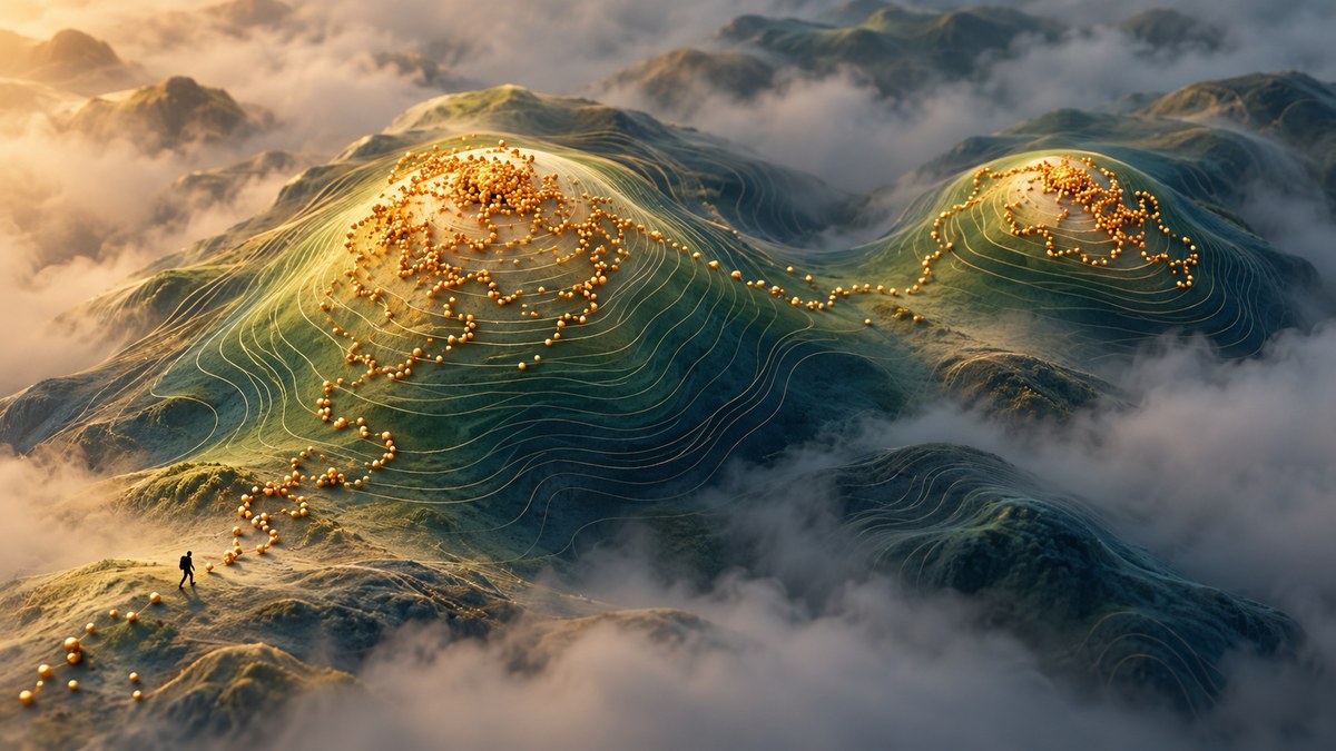 A winding trail of sample points crosses a foggy probability landscape and gathers densely around its high ground.