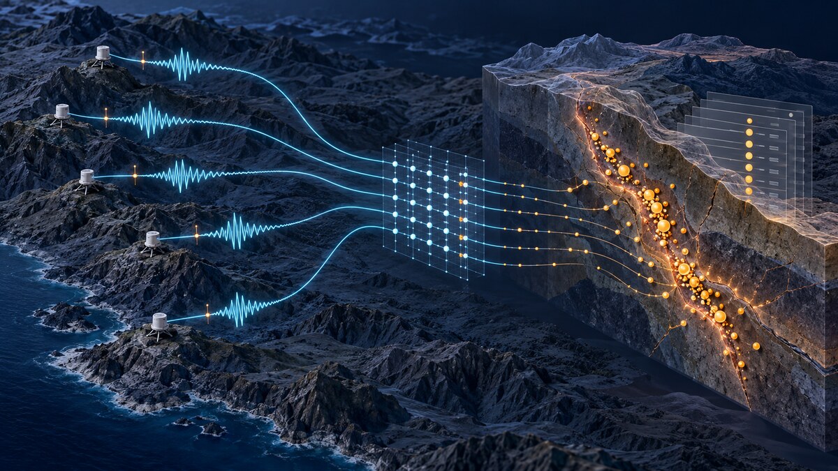 Seismic station waveforms flow through processing into earthquake locations along a fault and catalog records.