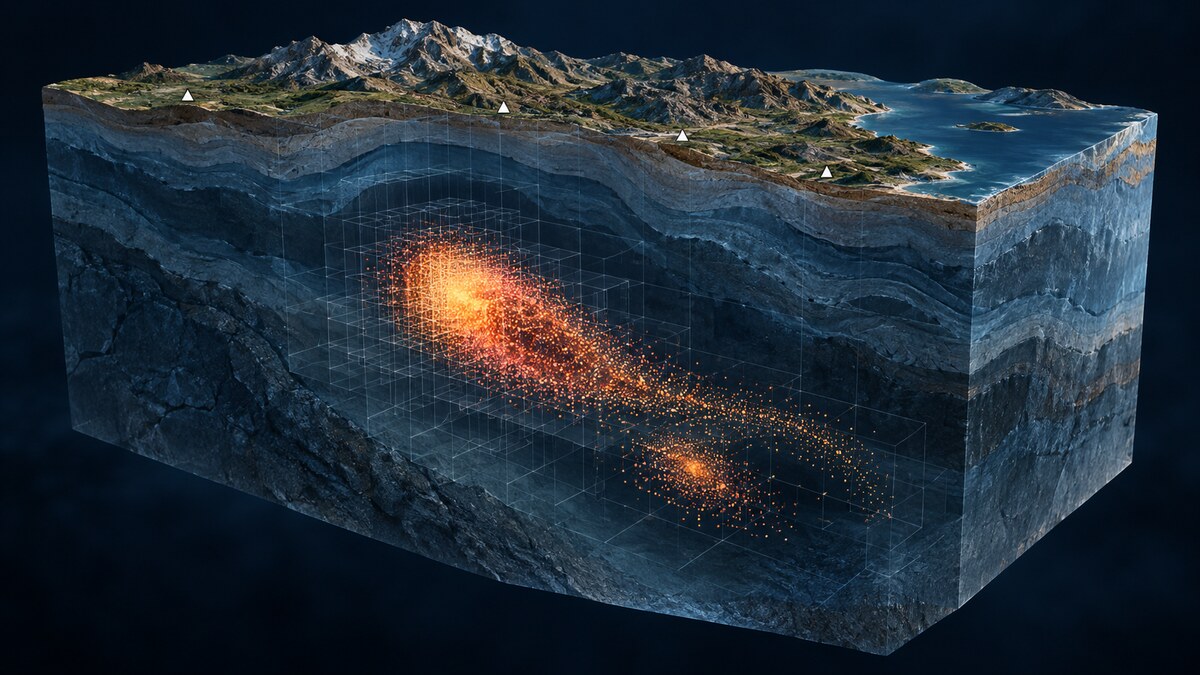 An irregular earthquake-location probability cloud within a cutaway Earth volume and adaptive search grid.